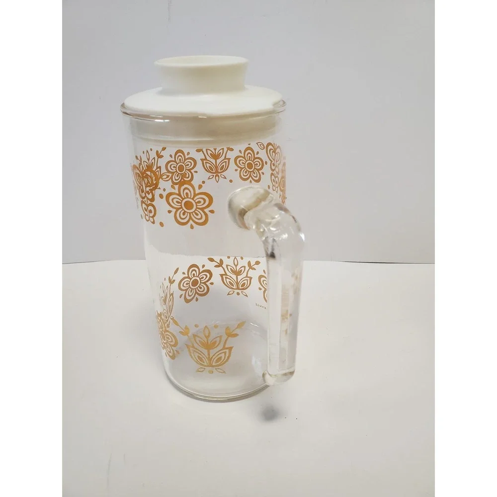 Vintage Pyrex Butterfly Flower Gold Glass Pitcher/Carafe Handle Stopper Lid